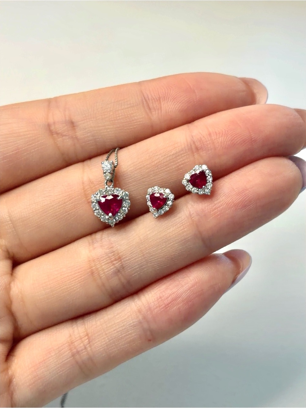 Natural Ruby & Diamond Heart Necklace + Earrings Set
